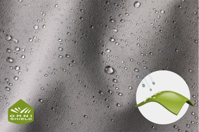 Close up of light khaki fabric with beads of water on it, the Omni-Wick logo on the bottom left and a graphic showing how moisture rises to the surface of the fabric to evaporate on the bottom right.