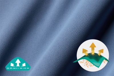 Close-up of Tidal Dress fabric with the Omni-Wick logo on the bottom left and a graphic showing how moisture rises to the surface of the fabric to evaporate on the bottom right.