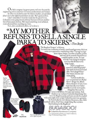 A Bugaboo advertisement from 1986, showcasing a red and black plaid jacket.