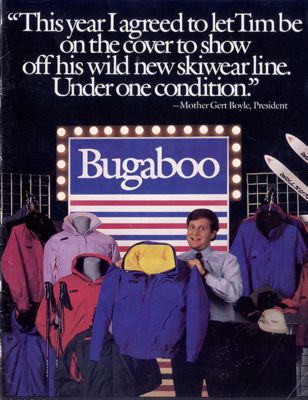 A catalog cover from 1987 with Tim Boyle showcasing the Bugaboo ski jackets.