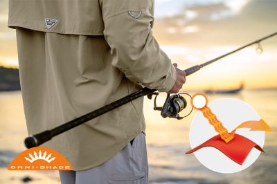 Model in profile casting a line in the tan Bahama button up shirt. Omni-Shade logo is on the bottom left and a graphic showing how the sun's rays are blocked by fabric is on the bottom right.