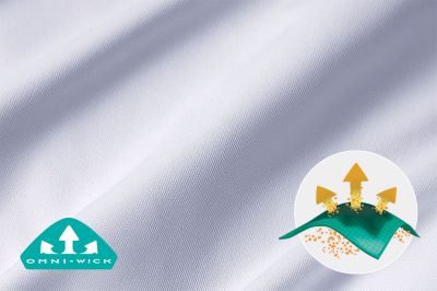 Close up of fabric with the Omni-Wick logo on the bottom left and a graphic showing how moisture rises to the surface of the fabric to evaporate on the bottom right.