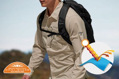 Model on a hike in a button up shirt. Omni-Shade logo is on the bottom left and a graphic showing how the sun's rays are blocked by fabric is on the bottom right.