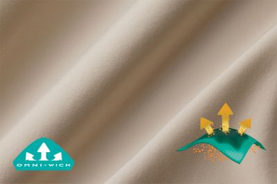 Close up of fabric with the Omni-Wick logo on the bottom left and a graphic showing how moisture rises to the surface of the fabric to evaporate on the bottom right.