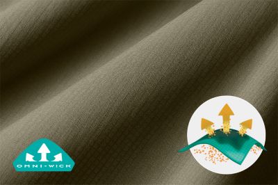 Close up of Silver Ridge fabric with Omni-Wick logo and a graphic showing how moisture rises to the surface of the fabric to evaporate.