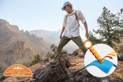 Man in Silver Ridge pants. Omni-Shade logo and a graphic showing how UV rays are blocked by fabric.

