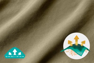 Close up of Silver Ridge fabric with Omni-Wick logo and a graphic showing how moisture rises to the surface of the fabric to evaporate.