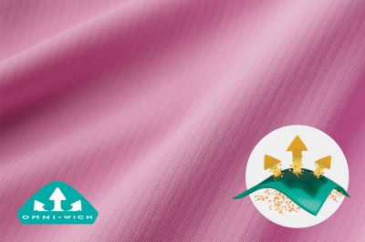 Close up of Silver Ridge fabric with Omni-Wick logo and a graphic showing how moisture rises to the surface of the fabric to evaporate.