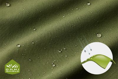 Close up of green pant fabric with the Omni-Wick logo on the bottom left and a graphic showing how moisture rises to the surface of the fabric to evaporate on the bottom right.