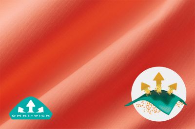 Close up of coral orange Tamiami fabric with the Omni-Wick logo on the bottom left and a graphic showing how moisture rises to the surface of the fabric to evaporate on the bottom right.