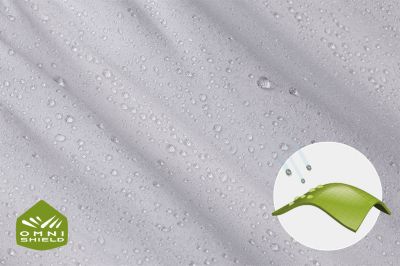 Close up of the Boundless Trek fabric with the Omni-Shield logo on the bottom left and a graphic showing the repellency to stains and spills on the bottom right.