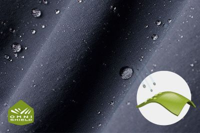 A close-up of the Leslie Falls fabric with an Omni-Shield logo on the left and a graphic on the right showing the technology blocking spills and stains.