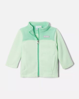 An infant's teal fleece jacket.