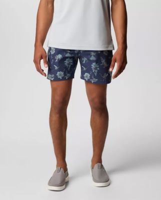 Waist-down image of a man wearing blue shorts and slip-on shoes.