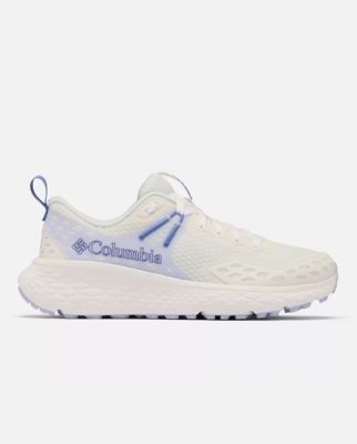 A single white and blue trail running shoe.