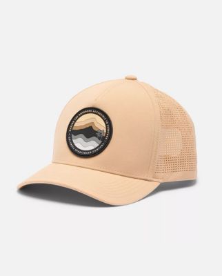 A tan baseball hat with a mountain graphic on the front.