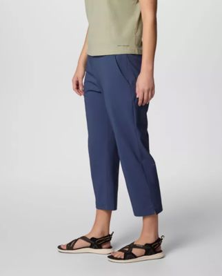 Waist-down image of a woman wearing blue capri pants.
