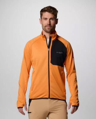 A man wearing an orange fleece zip-up.