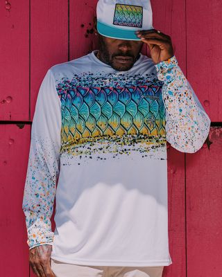 Man wearing PFG with colorful graphic designs by marine artist Bentley.