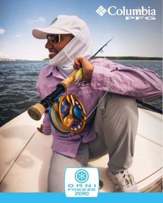 A woman angler in cooling gear.