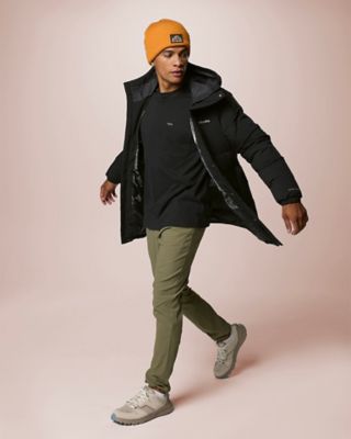 A model bundled up in a warm, insulated jacket.