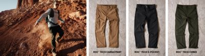 Hiker running down a rugged trail. Three different ROC pants.