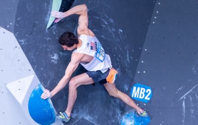 US Olympic Climbing Team member, Jesse Grupper, competing in World Cup bouldering competition. 