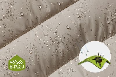 Close up of fabric with the Omni Shield logo in the bottom left and a graphic showing how moisture rises to the fabric's surface
