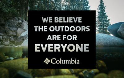Underwater image of a river with a "We believe the outdoors are for everyone Columbia" text overlay. 