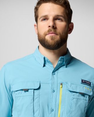 A person wearing a blue button-up shirt