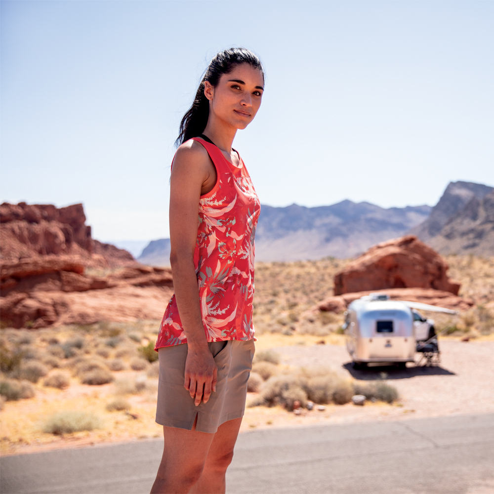Una donna in piedi davanti a un paesaggio deserto

