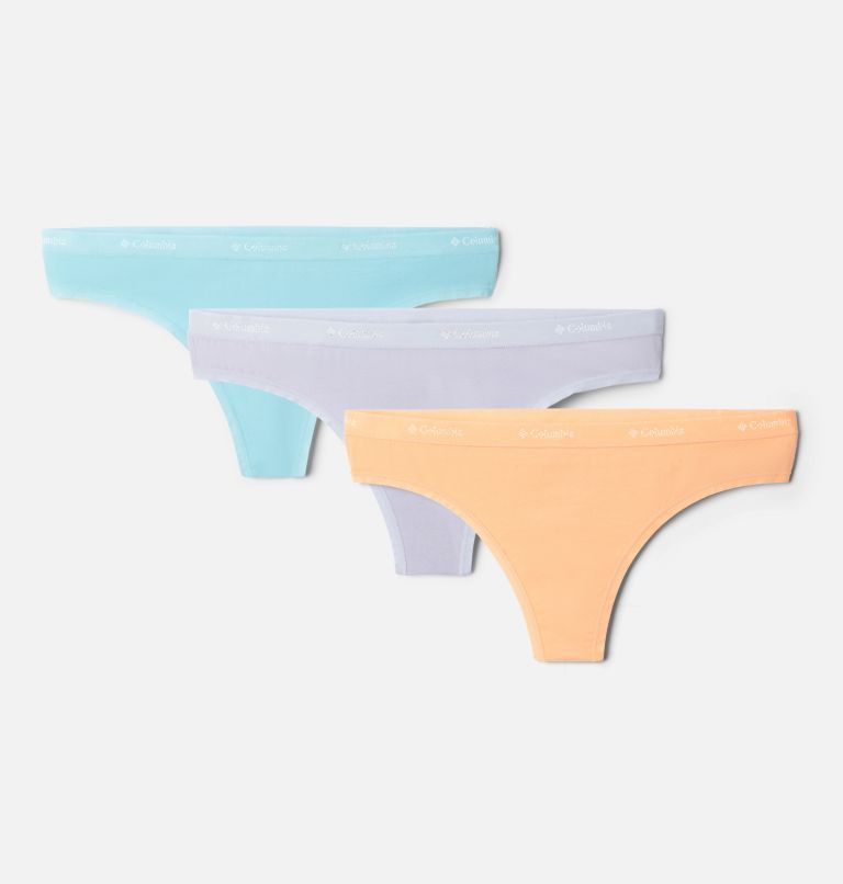Thumbnail: Women's 4-Way Stretch Cotton Thong - 3 Pack, Color: Necture/Twilight/Clear Blue, image 1