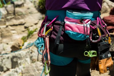 Nikki's chalk bag showcasing the trans flag