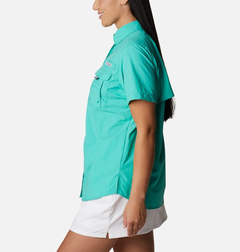Women’s PFG Bahama Short Sleeve Shirt, Color: Electric Turquoise, image 3