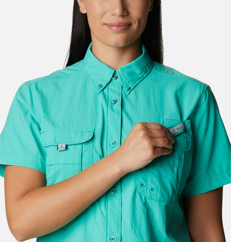 Women’s PFG Bahama Short Sleeve Shirt, Color: Electric Turquoise, image 4