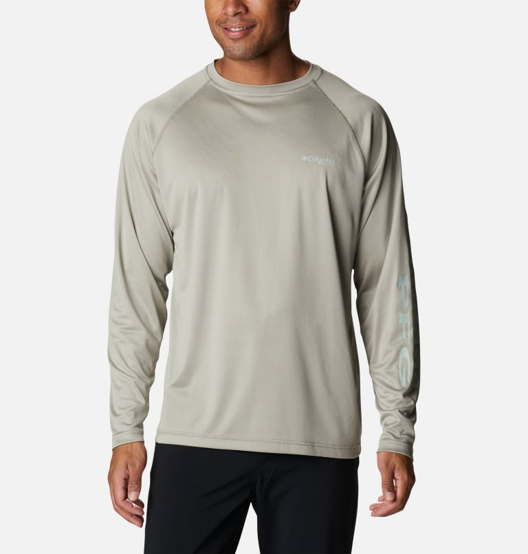 Men’s PFG Terminal Tackle Long Sleeve Shirt, Color: Safari, Cool Green Logo