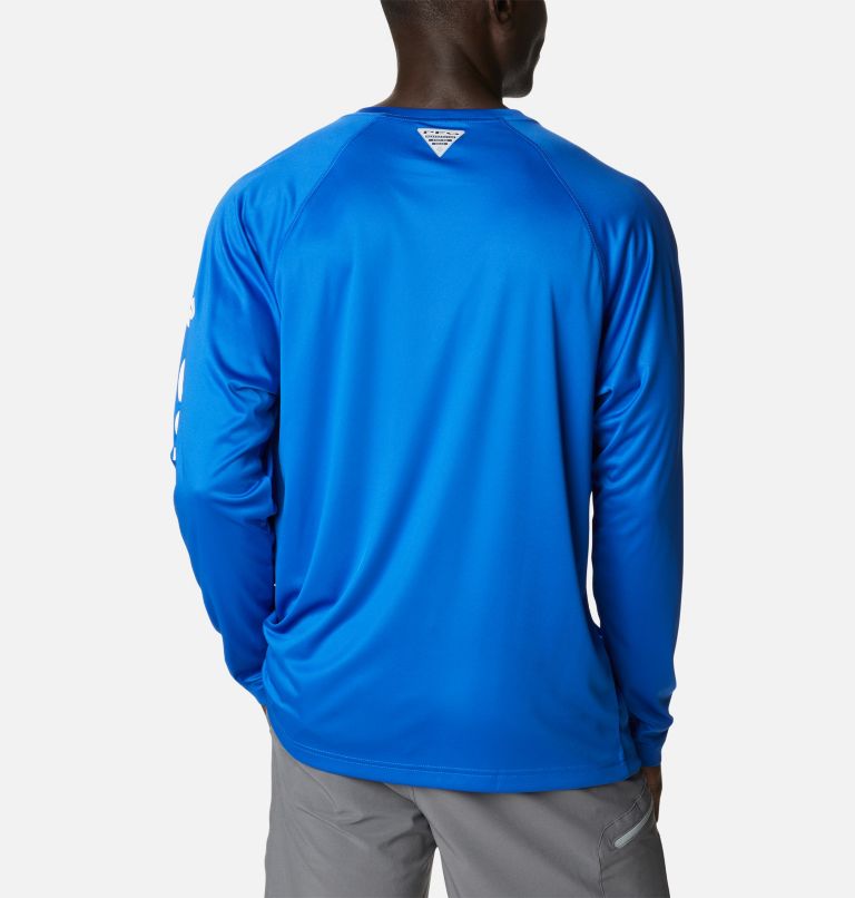 Men’s PFG Terminal Tackle Long Sleeve Shirt, Color: Blue Macaw, White Logo