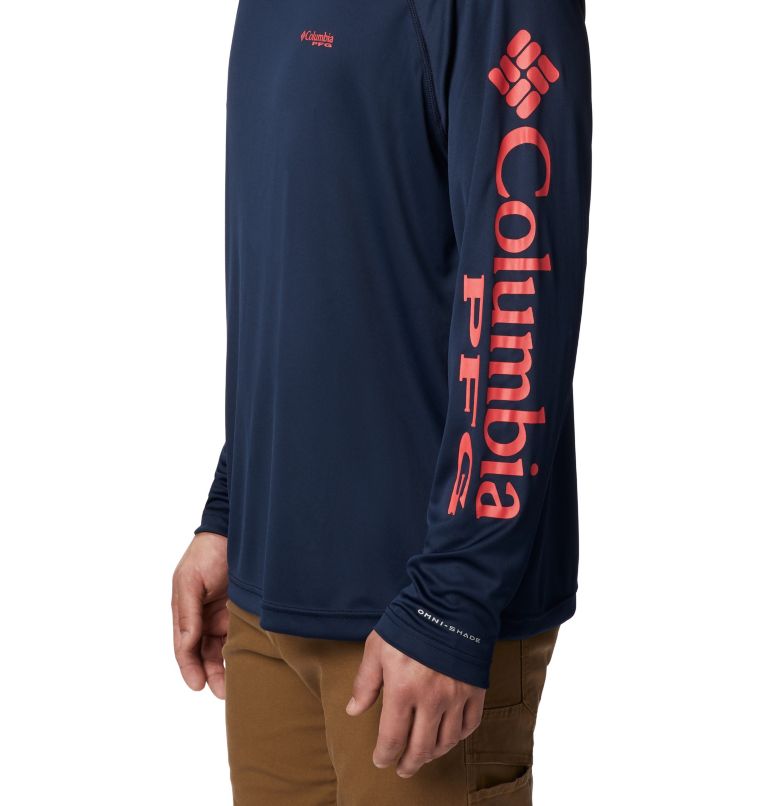 Thumbnail: Men’s PFG Terminal Tackle Long Sleeve Shirt, Color: Collegiate Navy, Sunset Red Logo, image 3
