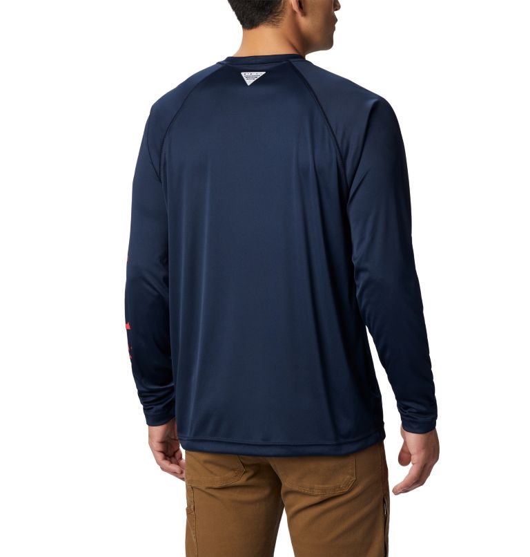 Thumbnail: Men’s PFG Terminal Tackle Long Sleeve Shirt, Color: Collegiate Navy, Sunset Red Logo, image 2