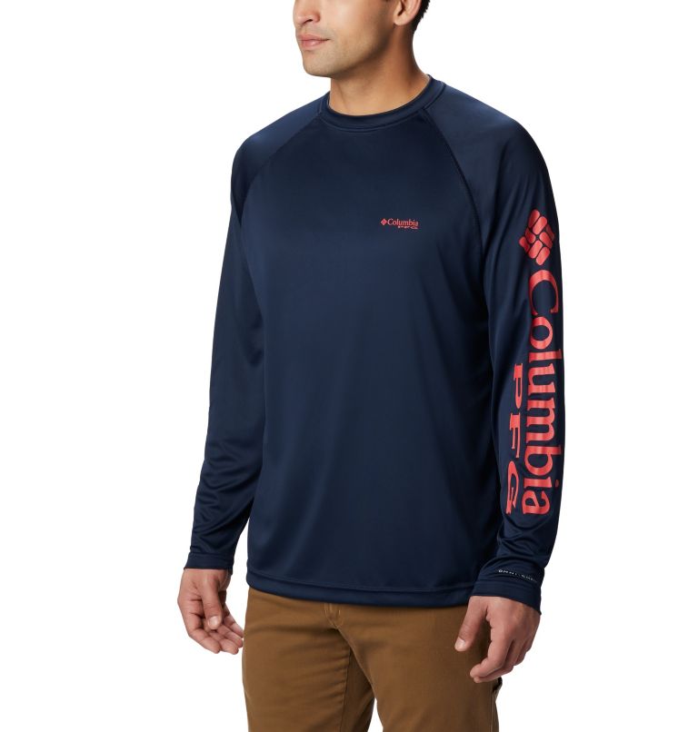 Men’s PFG Terminal Tackle Long Sleeve Shirt, Color: Collegiate Navy, Sunset Red Logo, image 1