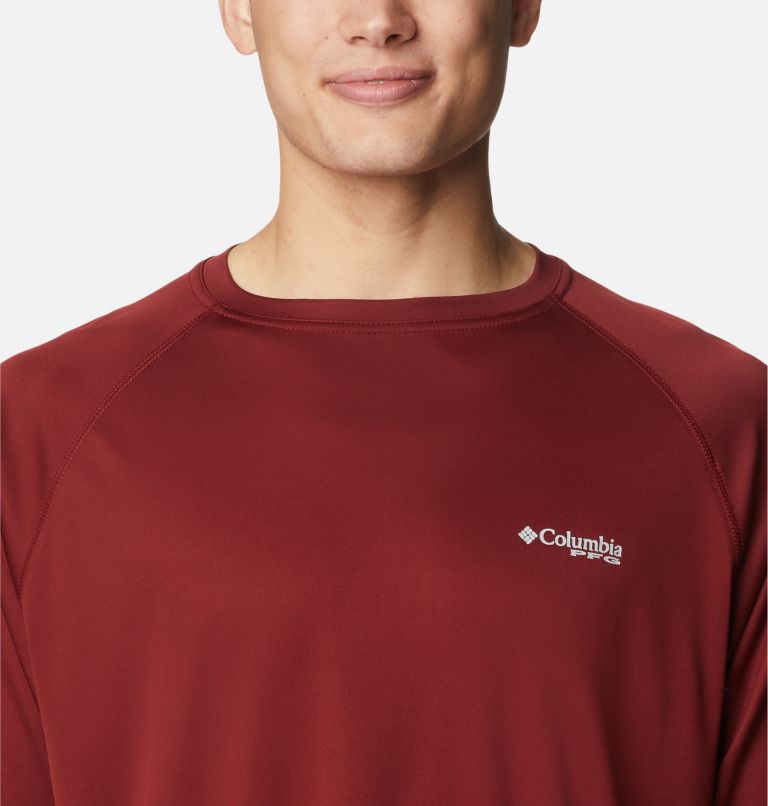 Men’s PFG Terminal Tackle Long Sleeve Shirt, Color: Red Jasper, Cool Grey Logo