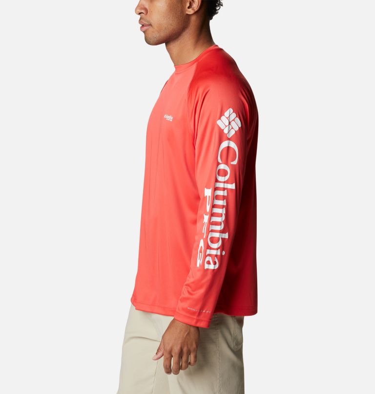 Men’s PFG Terminal Tackle Long Sleeve Shirt, Color: Red Hibiscus, White Logo