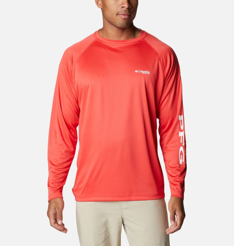 Men’s PFG Terminal Tackle Long Sleeve Shirt, Color: Red Hibiscus, White Logo