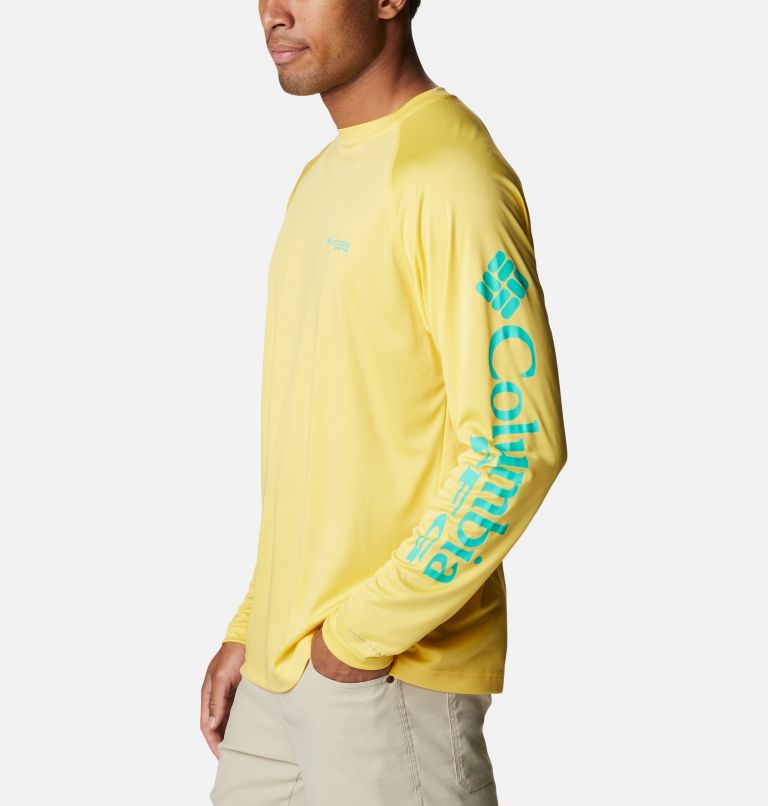 Men’s PFG Terminal Tackle Long Sleeve Shirt, Color: Sun Glow, Electric Turquoise Logo