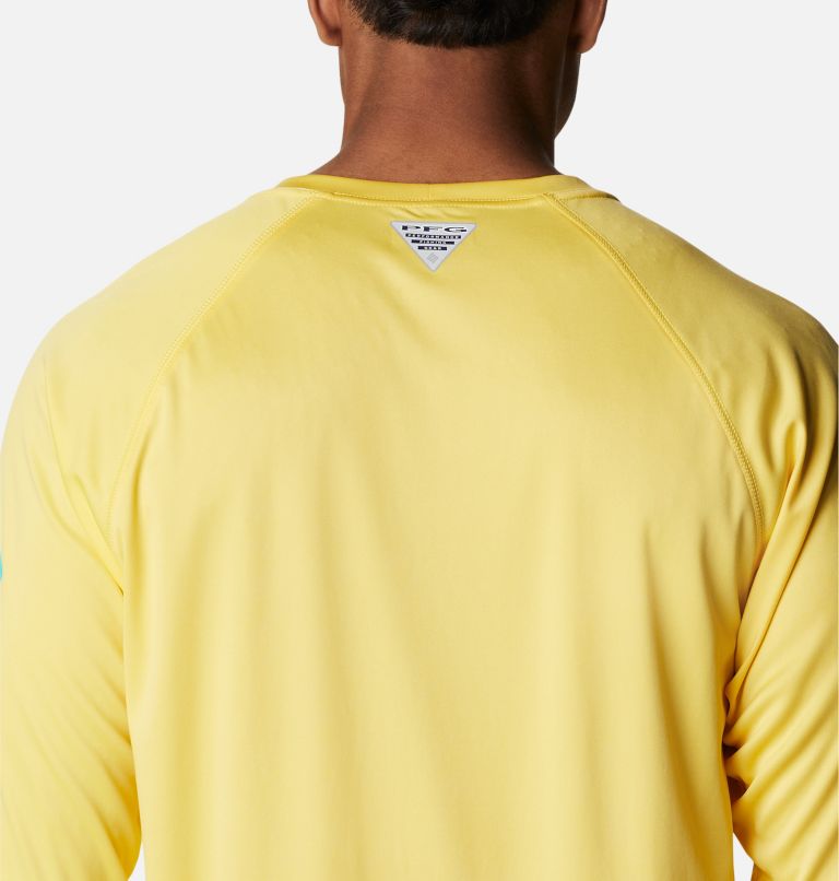 Men’s PFG Terminal Tackle Long Sleeve Shirt, Color: Sun Glow, Electric Turquoise Logo