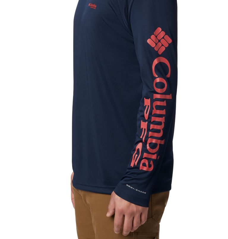 Men’s PFG Terminal Tackle Hoodie, Color: Coll Navy, Sunset Red Logo