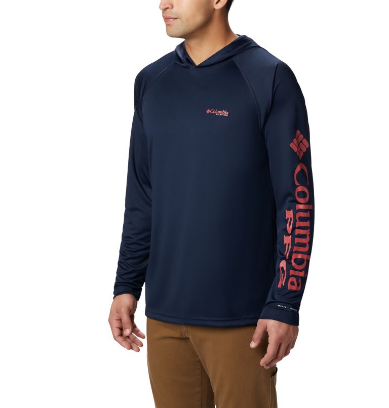 Men’s PFG Terminal Tackle Hoodie, Color: Coll Navy, Sunset Red Logo