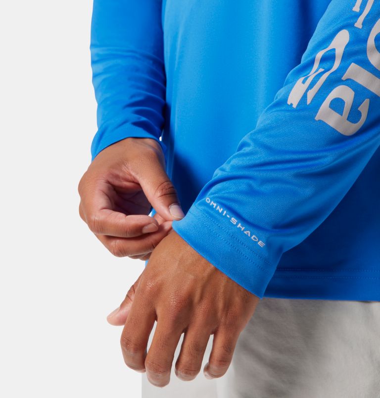 Men’s PFG Terminal Tackle Hoodie, Color: Vivid Blue, Cool Grey Logo, image 7