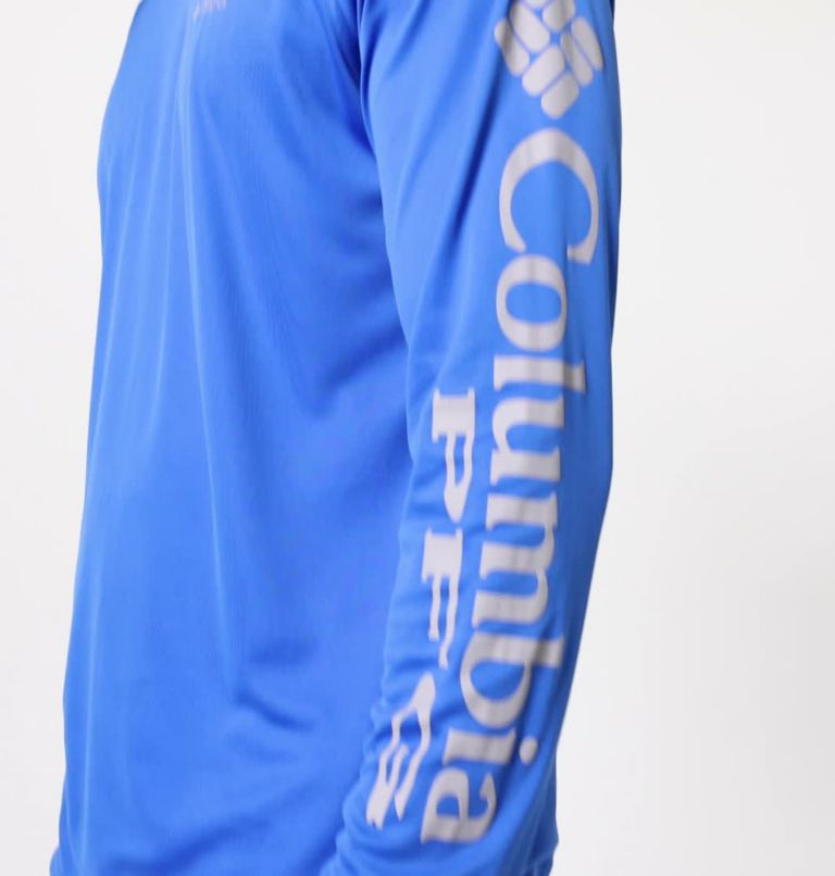 Men’s PFG Terminal Tackle Hoodie, Color: Vivid Blue, Cool Grey Logo