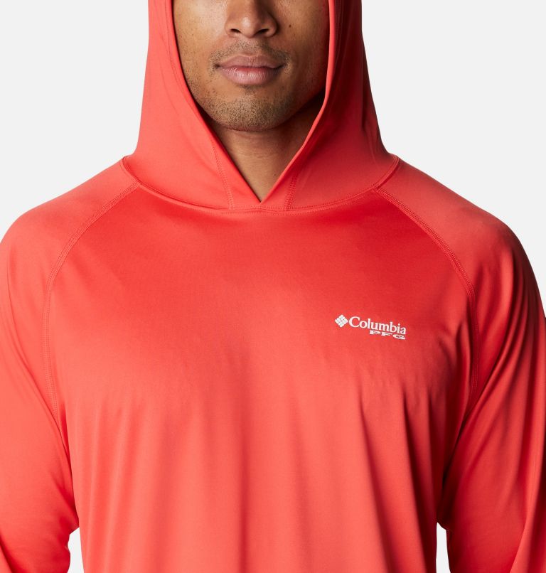 Men’s PFG Terminal Tackle Hoodie, Color: Red Hibiscus, White Logo